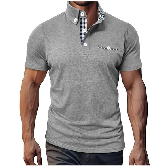 ZQUUVOU Men's T-Shirt Casual Solid Color Button Short Sleeve T-Shirt (Gray,M)