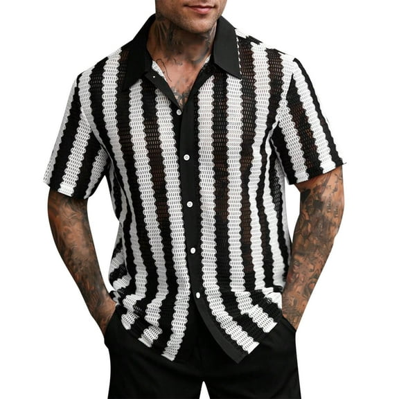 ZQUUVOU Men's T-Shirt Lapel Striped Knit Button Casual Short Sleeved Top (Black,L)