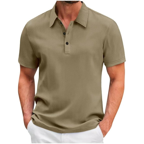 ZQUUVOU Men's T-Shirt Pullover Solid Color Button Short Sleeve Turndown Collar Blouse (Khaki,2XL)