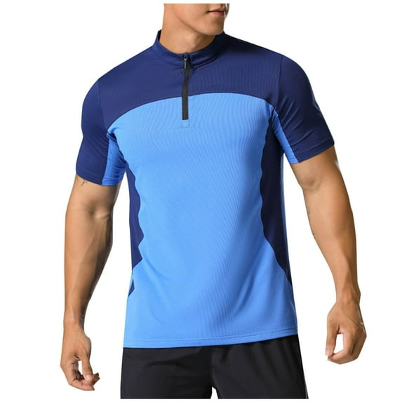ZQUUVOU Men's T-Shirt Solid Color Zipper Casual Elastic Sports Short Sleeve Collar Top (Blue,L)
