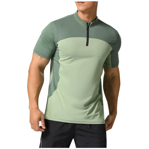 ZQUUVOU Men's T-Shirt Solid Color Zipper Casual Elastic Sports Short Sleeve Collar Top (Green,L)