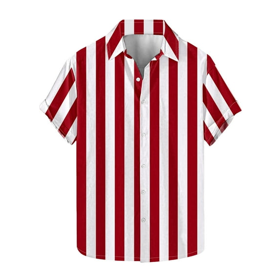 ZQUUVOU Men's T-Shirt Stripe Casual Short Sleeve Turndown Collar Button Shirt (C-Red,3XL)