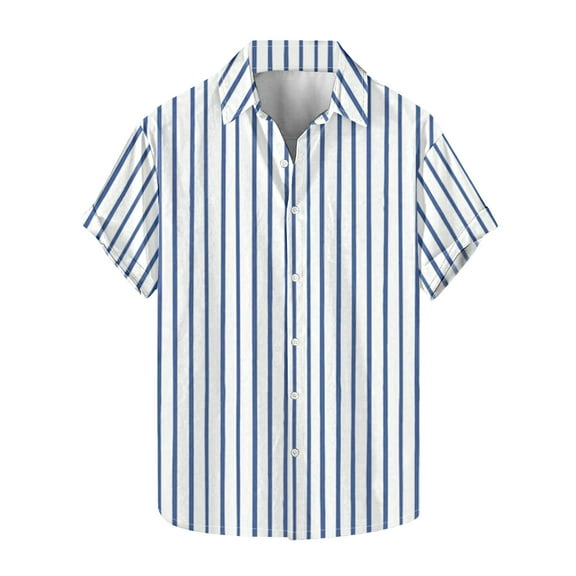 ZQUUVOU Men's T-Shirt Stripe Casual Short Sleeve Turndown Collar Button Shirt (D-Light Blue,2XL)