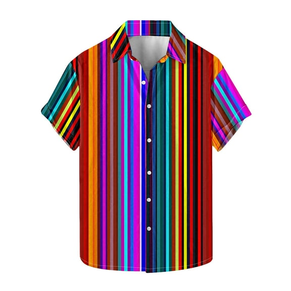 ZQUUVOU Men's T-Shirt Stripe Casual Short Sleeve Turndown Collar Button Shirt (F-Multicolor,L)