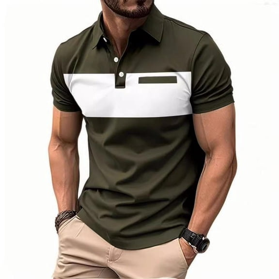 ZQUUVOU Men's T-Shirt Stripe Henley Match Short Sleeve Color Contrast Shirts (Army Green,3XL)