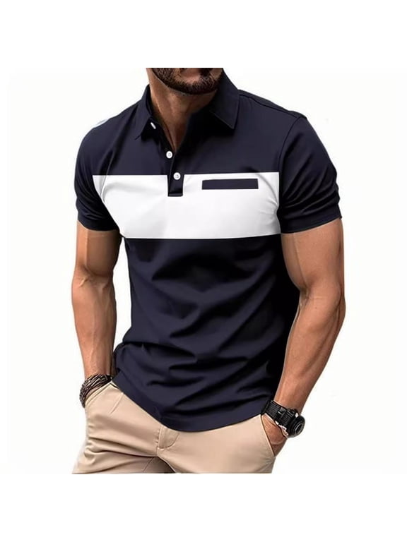 Men's T-Shirt Stripe Henley Match Short Sleeve Color Contrast Shirts (Navy,S)
