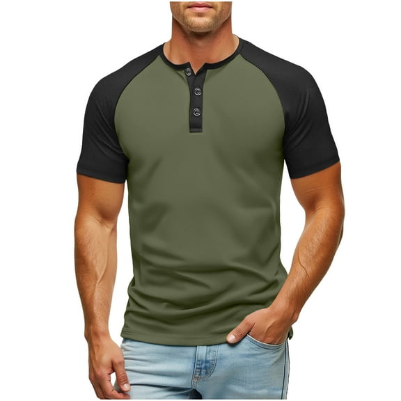 ZQUUVOU Men's T-Shirt Summer Henley Casual Solid Color Crew Neck Blouses (Army Green,S)