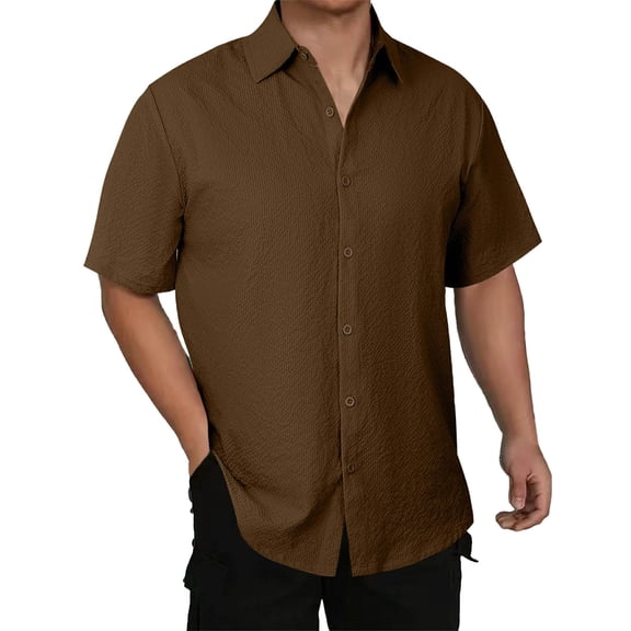 ZQUUVOU Men's T-Shirt Turn Down Casual Solid Color Short Sleeve Button Collar Shirt (Brown,L)