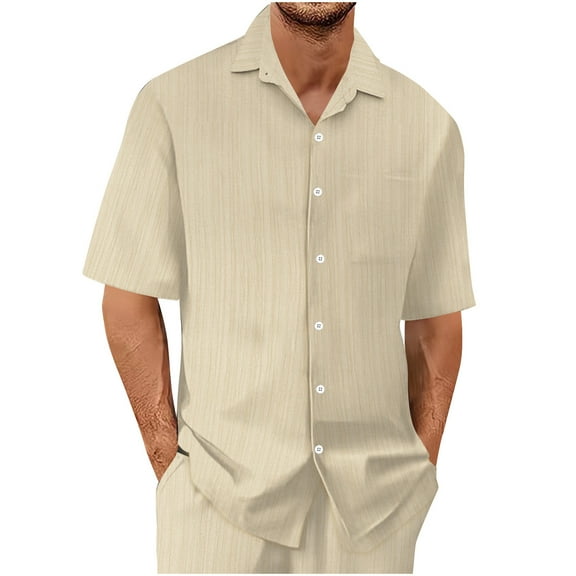 ZQUUVOU Men's T-Shirt Turn Down Collar Summer Casual Solid Color Short Sleeved Shirts (Beige,L)