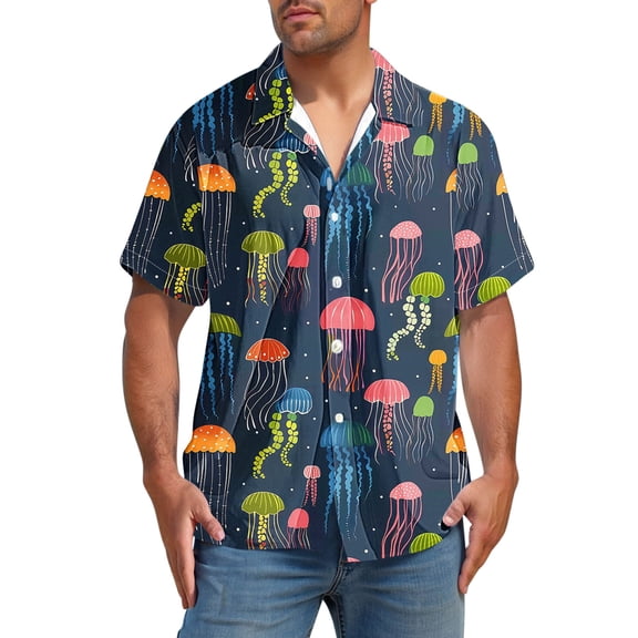 ZQUUVOU Men's T-Shirt Turndown Collar Casual Short Sleeve Button Print Shirt (Navy,M)