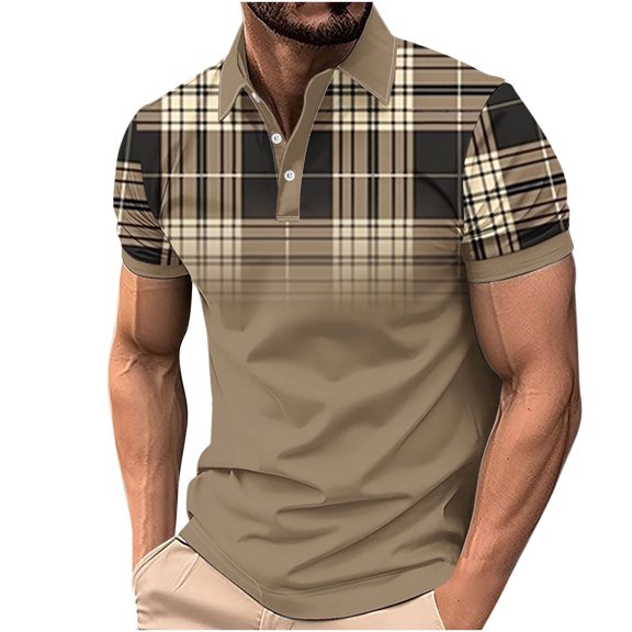 ZQUUVOU Men's T-Shirt Turndown Collar Printed Casual Short Sleeved Lapel Shirt (A-Khaki,4XL)