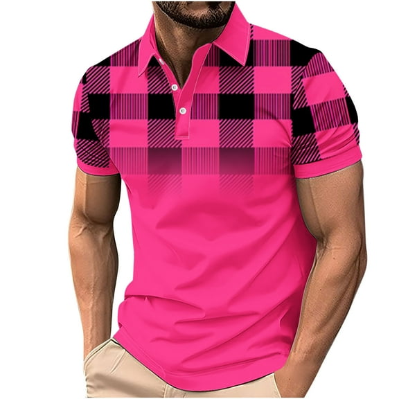 ZQUUVOU Men's T-Shirt Turndown Collar Printed Casual Short Sleeved Lapel Shirt (G-Hot Pink,XL)
