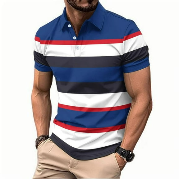 ZQUUVOU Men's T-Shirt Turndown Color Stripe Short Sleeve Shirt Color Contrast Shirt (Navy,M)