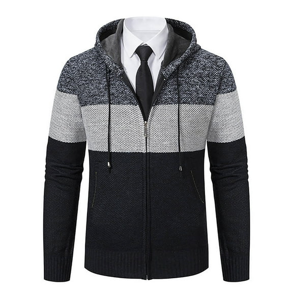 ZQUUVOU Men's Thick Knit Cardigan Plush Lined Hooded Color Block Long Sleeve Zip Up Warm Winter Fashion Outerwear Navy