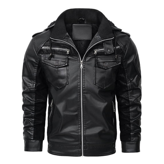 ZQUUVOU Men's Vintage Leather Jacket Plush Fleece Lined Solid Color Jacket Zipper with Pockets Long Sleeve Coat Black