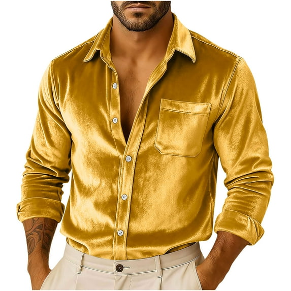 ZQUUVOU Men's Vintage Velvet Shirts Solid Color Button Down Collar Long Sleeve Shirts Casual Fall Tops Gold