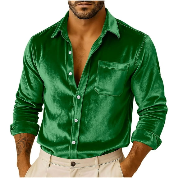 ZQUUVOU Men's Vintage Velvet Shirts Solid Color Button Down Collar Long Sleeve Shirts Casual Fall Tops Green