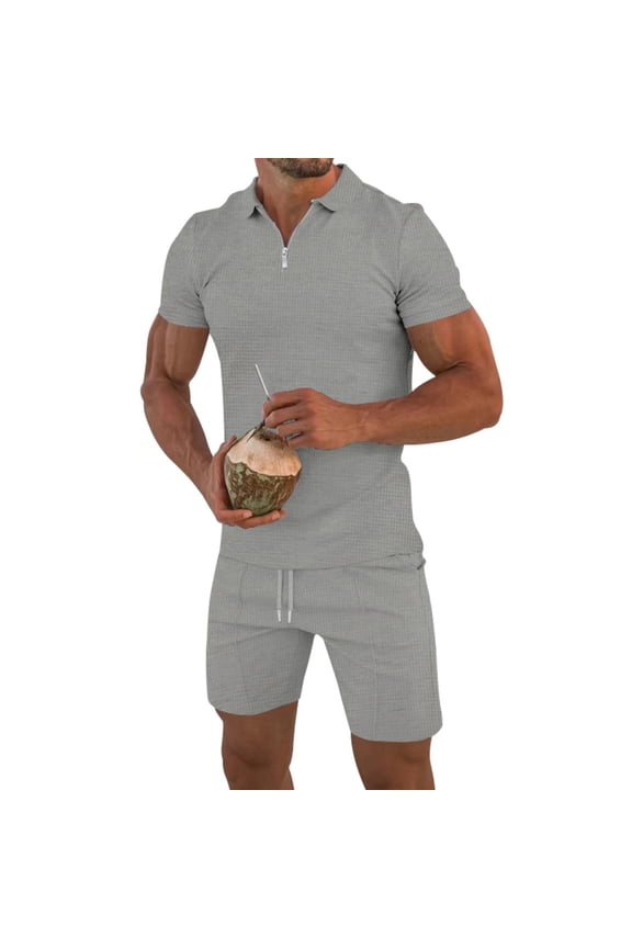Men's Waffle Knit Set Solid Color Short Sleeve Zip Front Collared Tee and Drawstring Shorts Summer Set Gray