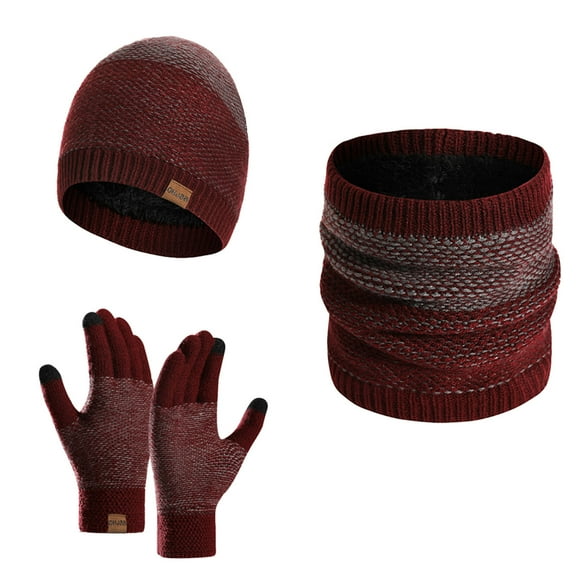 ZQUUVOU Men's Winter Beanie Hat Scarf Gloves Set Fashion Casual Warm Patchwork Set Knitted Hat Scarf Glove Skiing Set Burgundy
