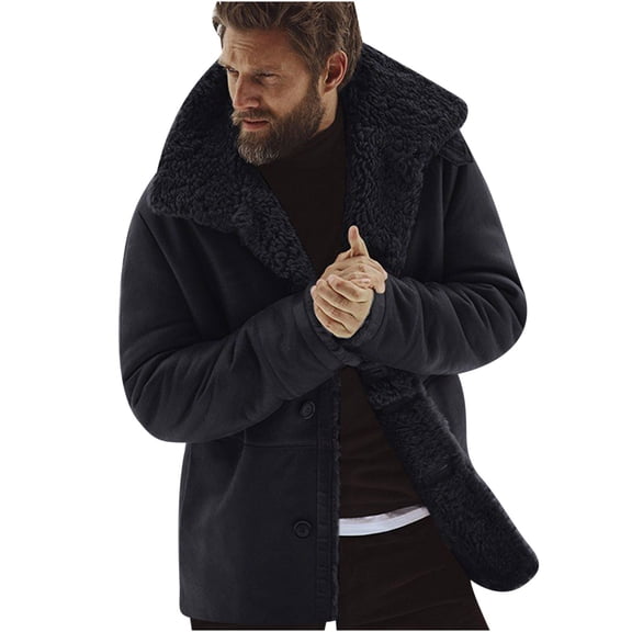 ZQUUVOU Men's Winter Fleece Coat Button Down Pocket Thermal Sherpa Lined Mid Length Stand Collar Cotton Jacket Black
