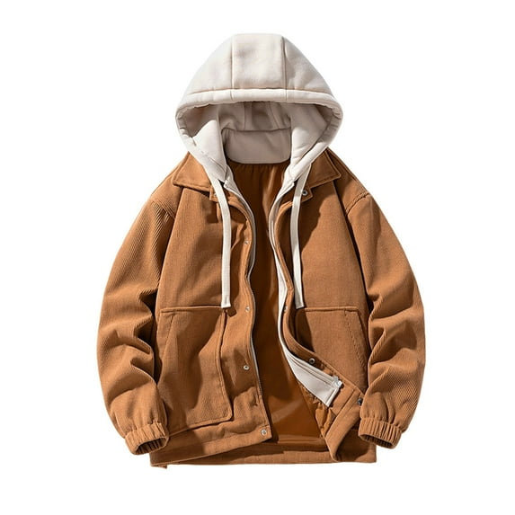 ZQUUVOU Men's Winter Hooded Jacket Corduroy Fleece Solid Color Zip Front Faux Two Piece Jacket Coat with Pockets Brown