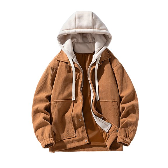 ZQUUVOU Men's Winter Hooded Jacket Corduroy Fleece Solid Color Zip Front Faux Two Piece Jacket Coat with Pockets Brown