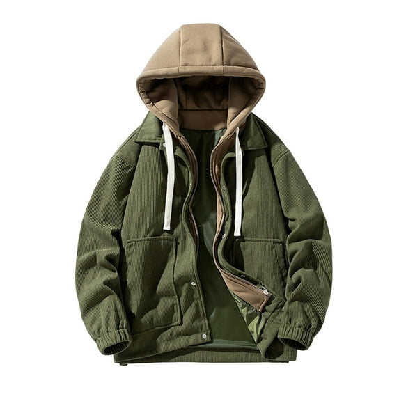 ZQUUVOU Men's Winter Hooded Jacket Corduroy Fleece Solid Color Zip Front Faux Two Piece Jacket Coat with Pockets Olive Green