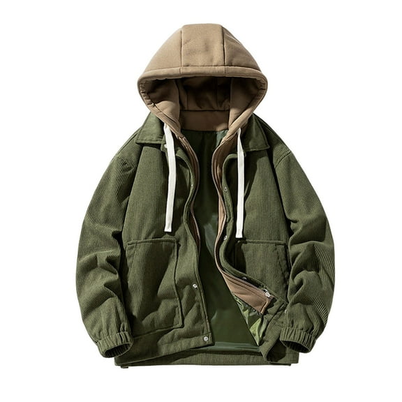 ZQUUVOU Men's Winter Hooded Jacket Corduroy Fleece Solid Color Zip Front Faux Two Piece Jacket Coat with Pockets Olive Green