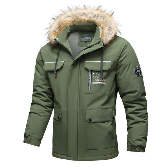 ZQUUVOU Men's Winter Parka Jacket Casual Hooded Faux Fur Collar Solid Color Zip Front Thermal Jacket Warm Outdoor Olive Green