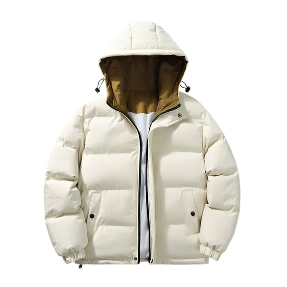 ZQUUVOU Men's Winter Puffer Jacket Zip Front Quilted Jacket Faux Two Piece Thick Hooded Padded Coat with Pockets Beige