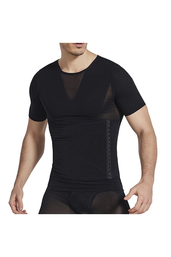 Men's Workout Shirts Short Sleeve Solid Color Shapewear Slim Tummy Control Back Support Undershirt Body Shaper Black