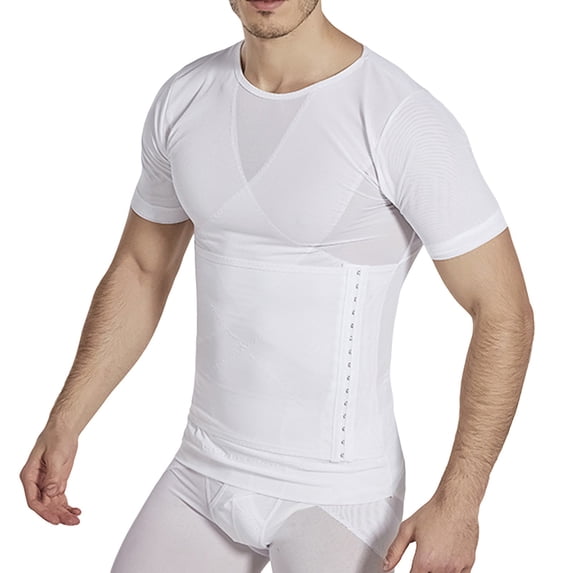 ZQUUVOU Men's Workout Shirts Short Sleeve Solid Color Shapewear Slim Tummy Control Back Support Undershirt Body Shaper White