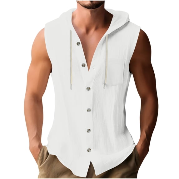 ZQUUVOU Men's Workout Tank Tops Hooded Sleeveless Button Down Drawstring Lightweight Sporty Vest Shirt with Pockets White