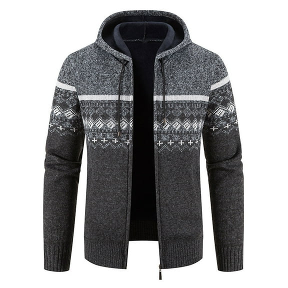 ZQUUVOU Men's Zip Up Hooded Sweater Long Sleeve Knit Jacket Ethnic Printed Warm Comfortable Fall Winter Casual Streetwear Dark Gray