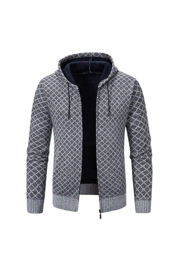 Men's Zipper Hoodie Knit Sweater Pattern Printed Long Sleeve Jacket Soft Breathable Cotton Blend Fashion Tops Gray