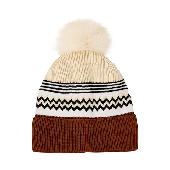 ZQUUVOU Men's and Women's Color Block Beanie with Faux Fur Pom Pom Large Sized Modern Winter Fashion Stretch Knitted Hat Brown