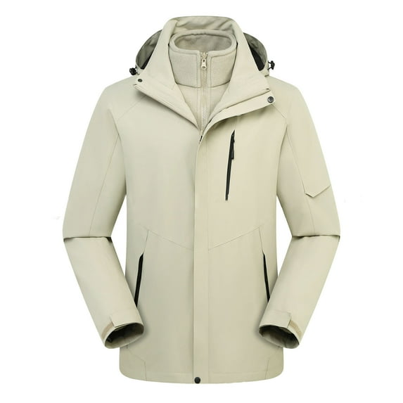 ZQUUVOU Men's and Women's Hooded Jacket Winter 3 In 1 Convertible Detachable Inner Layer Waterproof Outdoor Jacket Khaki