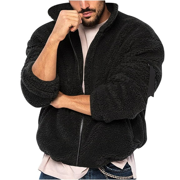 ZQUUVOU Mens Winter Double-Side Sherpa Jackets Coat Gentleman Casual Full-Zip Warm Hoodies Coat With Pockets Regular Fit Comfy Casual Outerwear Black