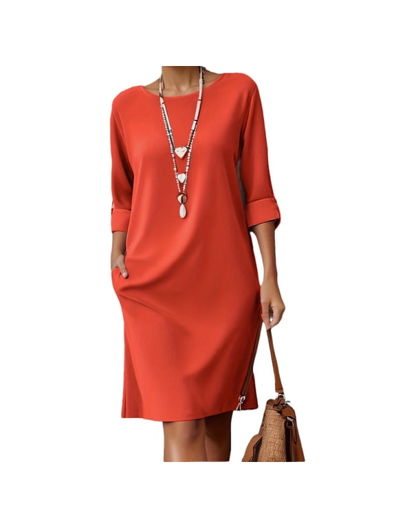 Midi Shift Dress for Women Cotton Linen Round Neck 3/4 Sleeve with Pockets Casual Loose Fit Solid Color Dress Red