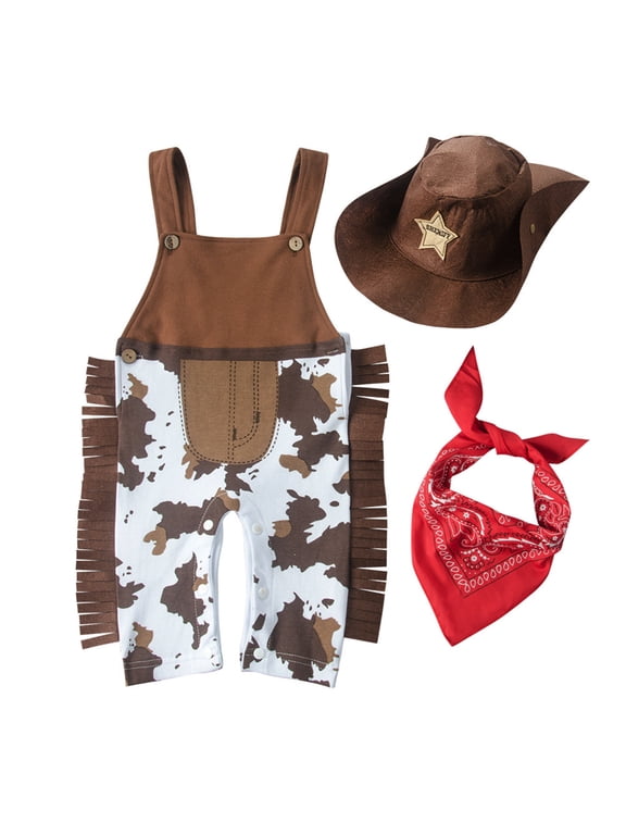 Newborn Baby Playsuits Western Cowboy Dress Up Suit Suspenders Jumpsuit Red Scarf Hat Set Infant Toddler Photo Props Outfit Brown