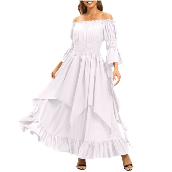 ZQUUVOU Off Shoulder Medieval Dress for Women Vintage Long Sleeve Bustier Corset Waist Flowy Skirt Renaissance Gown White