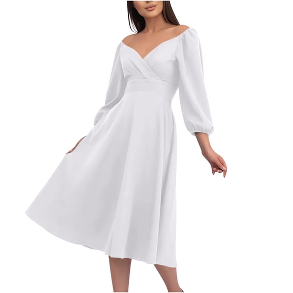 ZQUUVOU Off The Shoulder Dresses for Women Elegant Wedding Guests V Neck Long Sleeve Midi Dress Formal Party Cocktail Dress White