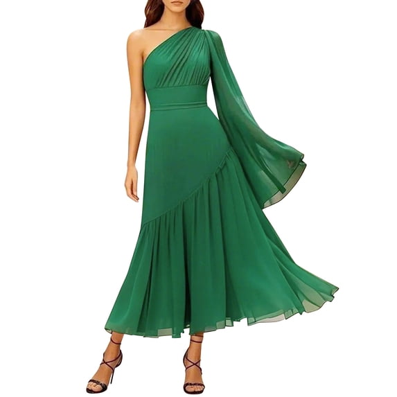 ZQUUVOU One Shoulder Evening Dress for Women Pleated Cocktail Dresses Ruffle Sleeve Elegant Formal Wedding Guest Dress Green