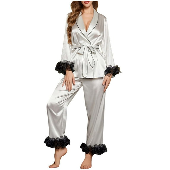 ZQUUVOU Pajamas Set for Women Satin Lightweight Long Sleeve V-Neck Loungewear Blouse Trousers Sleep Pajamas Sets White A
