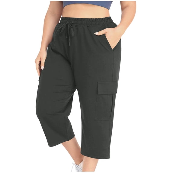 ZQUUVOU Plus Size Women's Cargo Capris Solid Color Drawstring Casual Pants with Pockets(Dark Gray,3XL)