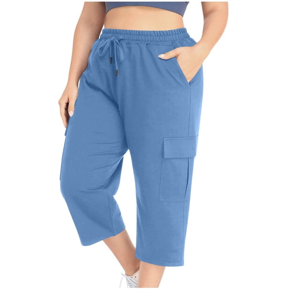 ZQUUVOU Plus Size Women's Cargo Capris Solid Color Drawstring Casual Pants with Pockets(Light Blue,3XL)