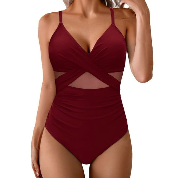 ZQUUVOU Plus Size Women's One Piece Tankini Tummy Control Mesh Solid Color V-Neck Swimsuit (Burgundy,S)