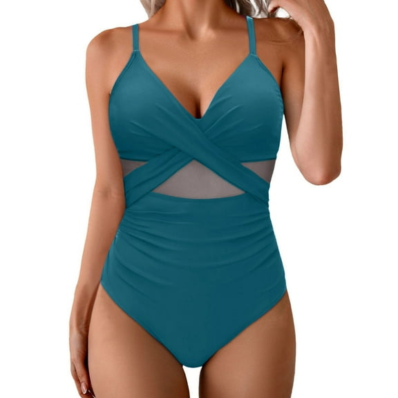 ZQUUVOU Plus Size Women's One Piece Tankini Tummy Control Mesh Solid Color V-Neck Swimsuit (Sky Blue,S)