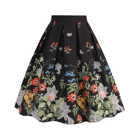 ZQUUVOU Polka Dot Skirt for Women Pleated Vintage Printed Midi Skirt Casual Flare Long Skirt Button Party Swing Skirts Black