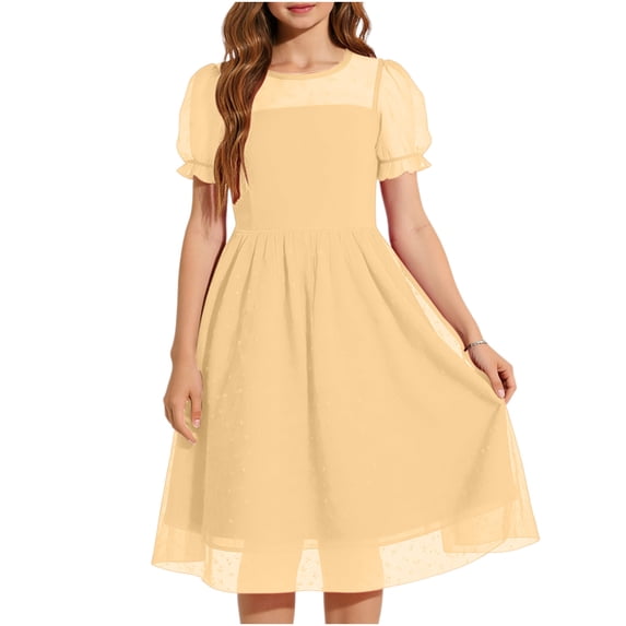 ZQUUVOU Princess Dress for Girls Crewneck Contrast Mesh Short Puff Sleeve Polka Dot Tulle Casual Elegant Formal Party Dress Yellow